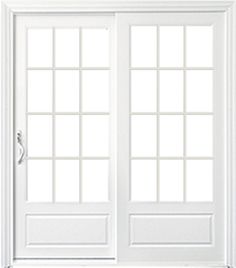 a white double door with glass panels and sidelights on the top, against a white background