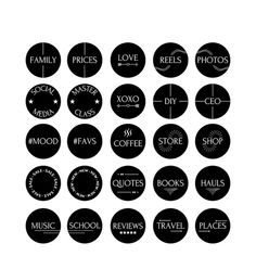 black and white circular badges with words on them that spell out the names of various events