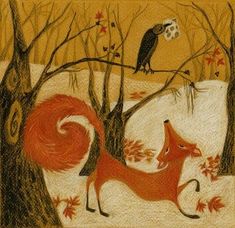 a drawing of a fox and a bird in the woods