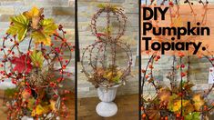 three different pictures of pumpkins and leaves in vases with words diy pumpkin topiary