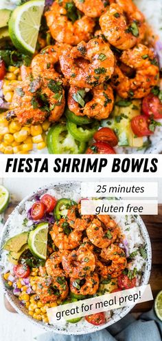 fiesta lime shrimp bowls with corn, avocado, onion, tomato, lime juice and cilantro Lime Shrimp Bowl, Shrimp Bowl Recipe, Fire Roasted Corn, Shrimp Bowls, Shrimp Bowl, Bowls Recipes, Seafood Dinner Recipes, Healthy Bowls Recipes, Fluffy Rice