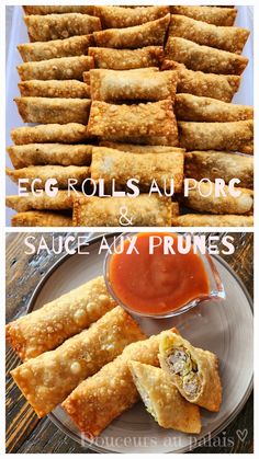 egg rolls and sauce on a plate with the words egg rolls savor & sauce aux prunes