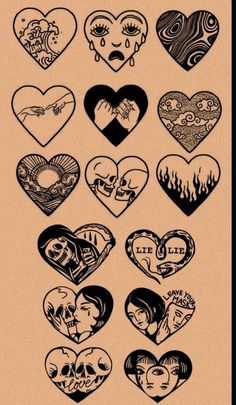 a bunch of hearts with different faces on them, all drawn in black and white