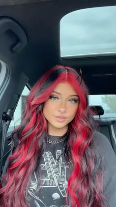 Black Hair With Red Money Piece And Under, Red Money Piece Hair Blonde, Red Hair Black Money Piece, Black White And Red Hair, Red Money Piece Hair Black Hair, Hair Color Fantasy Ideas, Black Blonde And Red Hair, Black Hair Red Money Piece