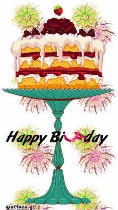 a birthday cake on a pedestal with fireworks around it and the words happy birthday written in large letters