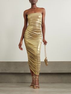 Go for gold at your next event with Norma Kamali's 'Diana' gown. It's made from metallic stretch-jersey that's ruched to accentuate your figure and falls to an asymmetric hem. Complement the strapless neckline with layered chains. Diana Gown, Tropical Outfits, Gold Trend, Gown Gold, Gold Outfit, Holiday Glam, Strapless Neckline, Layered Chains, Color Crush