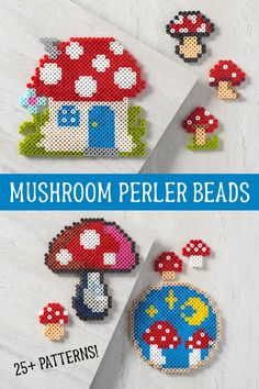 the mushroom perler beads pattern is shown in three different colors and sizes, including one with