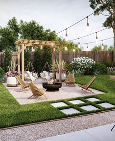 an image of a backyard with some chairs and lights on the stringed in area