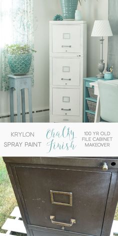 an old dresser is painted white and has flowers on it in the corner, with text overlay that reads krylon easy paint finish