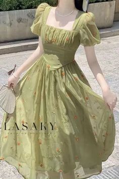 Lasaky - Elegante vestido ceñido a la cintura con un encantador estampado floral verde Whimsical Dresses, Fitted Dress Casual, Green Floral Print Dress, Cottagecore Dresses, Chiffon Long Dress, Dress Cottagecore, Women Bodycon Dress, Cottagecore Dress, Long White Dress