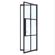 an open door with glass panels on the side and bottom panel in black, against a white background