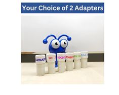 an image of a blue character with six cups in front of it that say your choice of 2 adapters