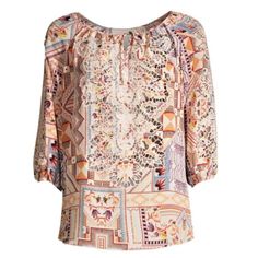 Johnny Was Sukie Lace Silk Peasant Blouse Nwt Beautiful Ultra-Chic And Luxe Blouse With Open-Work Embroidery Detail At The Bib And Sleeves On Printed Silk Makes It The Perfect Piece For Weekend Getaways And Fun Nights Out 100% Authentic Johnny Was Style L19721-2 Rn#149414 Size - L Approximate Measurements (Taking Flat) Length~27" Raglan Shoulders Bust (Pit To Pit)~26" Sleeve~18" Bottom~26" Materials-100%Silk Color- Pink Multi Bateau Neckline With Self-Tie Detail Three-Quarter Puff Sleeves With E Spring Multicolor Viscose Blouse, Multicolor Blouson Sleeve Summer Top, Multicolor Blouson Sleeves Top For Summer, Summer Multicolor Blouson Sleeve Tops, Chic Multicolor Viscose Blouse, Spring Patterned Viscose Blouse, Multicolor V-neck Blouse With Blouson Sleeves, Bohemian Blouse With Blouson Sleeves For Daywear, Elegant Multicolor Blouse For Daywear