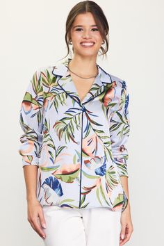 This tropical-print blouse is designed after the classic pajama shirt, but it's too fun not to wear out. Accented with contrast piping, the loose-fitting style looks equally chic with jeans or our matching wide-leg pants. •Notched collar •Button front placket •Long sleeves •Barrel cuffs •Relaxed fit Item Number: 45293 100% POLYESTER Vacation Dresses Casual, Wedding Guest Dress Trends, Classic Pajamas, Casual Wedding Dress, Style Looks, Contrast Piping, Sweater Sale, Pajama Shirt, Notched Collar