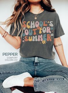 "Last Day Of School Shirt, End Of The Year Teacher Gift, Elementary School Teacher Shirt, Group Teacher Retro Shirt, School Is Out For Summer HOW TO ORDER ➀ Select color ➁ Select the size (Please check size chart) ✦ True to size. Size up 1-2 sizes for an oversized look. ➂ Add to cart ✦ (Optional) \"Add message to Seller\" on the checkout page. GARMENT FEATURES ✦ Crew neckline ✦ Direct to garment printing - no vinyl, decal, or iron-on technique ✦ Our designs are printed on the garment to last a l Retro Summer School Tops, Trendy Summer Tops With Lettering, Vintage Summer T-shirt With Funny Text, Summer Cotton Tops With Lettering, Cotton Summer Tops With Lettering, Cotton Tops With Lettering For Summer, Summer Tops With Lettering In Relaxed Fit, Relaxed Fit Tops With Lettering For Summer, Summer Tops With Lettering, Relaxed Fit