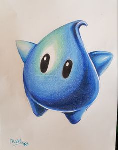 a drawing of a blue creature with big eyes