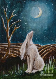 a painting of a white dog sitting in front of a tree with the moon behind it