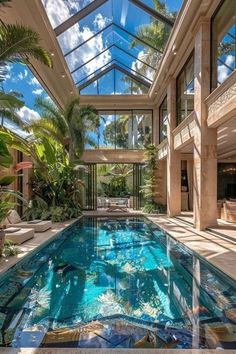 an indoor swimming pool surrounded by palm trees and glass walls, with skylights above