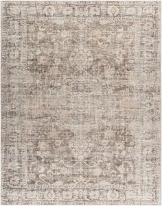 an antique style rug in beige and brown tones