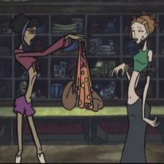 two women are standing in front of a store with bags on their shoulders and one is holding a purse