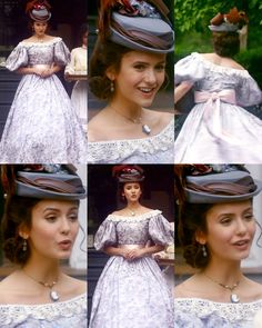 a collage of photos of a woman in a dress with a hat on her head