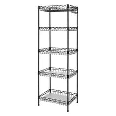 four tiered shelving unit with wire baskets on the bottom and bottom shelves in black