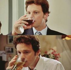 two pictures of the same man drinking wine