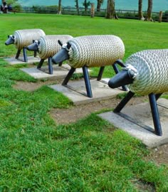 four sheep statues sitting on top of cement blocks in the grass with trees in the background