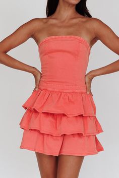 Shop the Philly Strapless Ruffle Mini Dress Sugar Coral | Selfie Leslie Mini Dress Strapless, Rush Outfits, Baguette Bag, Ruffle Mini Dress, Date Night Dresses, Mini Dress Casual, Hoco Dresses, It Girl, Dance Dresses