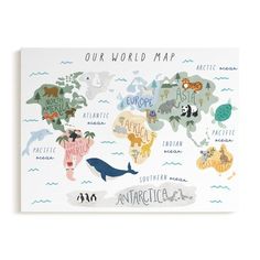 a framed map with animals and the words our world map