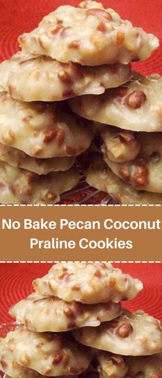 no bake pecan coconut pralie cookies stacked on top of each other