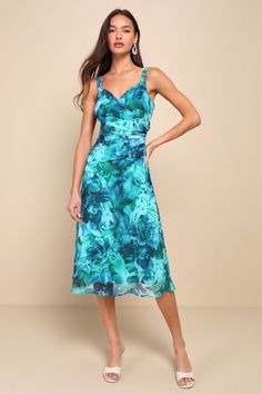 It's sure to be an extra lovely day when you slip on the Lulus Ethereal Sweetie Teal Green Floral Chiffon Pleated Midi Dress! Airy woven chiffon, with a dreamy floral print throughout, shapes wide adjustable straps, and a surplice neckline with a darted bodice. Pleating at the side creates a faux-wrap silhouette that continues into a flowy A-line skirt that ends at a chic midi hem. Hidden side zipper/clasp. Fit: This garment fits true to size. Length: Knee Length. Size medium measures 40.5" from Midi Dress Floral, Surplice Neckline, Green Floral Dress, Pleated Midi Dress, Lovely Day, Floral Chiffon, Party Looks, Dress 100, Teal Green