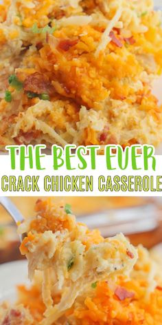 You are going to love this Crack Chicken Casserole! This recipe is made with a potato base, chicken, bacon, and ranch seasoning, with of course lots of cheese. Shredded Hashbrown Recipes, Chicken Casserole Dinners, Hashbrown Recipes, Dinner Recipes For Family, Recipes Crockpot, Chicken Recipes Casserole, Chicken Casserole