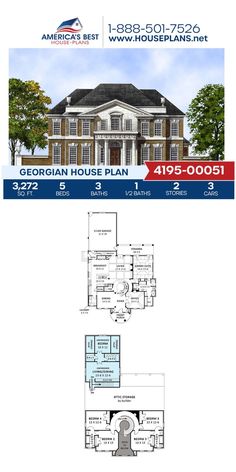 the floor plan for an american house plan with two levels and three bedroom, one story