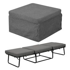 a gray ottoman with four seats and one seat on the bottom is shown in two different positions