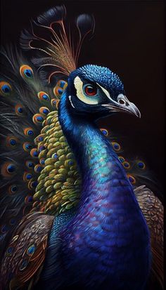 a painting of a peacock with feathers spread out