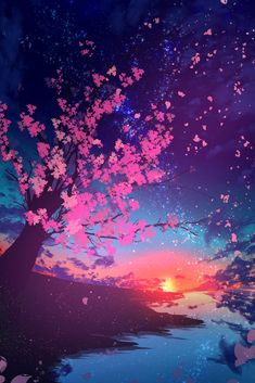 the sky is filled with pink and blue flowers as the sun sets over water in the distance