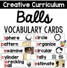 a poster with the words balls, vocaular cards and other things in it