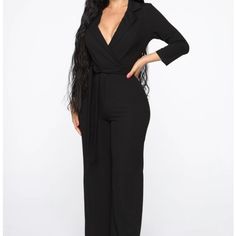 Brand New Never Worn Elegant Long Sleeve Pantsuit For Going Out, Solid Color Pantsuit For Night Out In Spring, Solid Pantsuit For Night Out In Spring, Solid Pantsuit For Spring Night Out, Spring Pantsuit For Night Out, Black Long Sleeve Pantsuit For Date Night, Chic Long Sleeve Pantsuit For Date Night, Chic Long-sleeved Pantsuit For Date Night, Fitted Black V-neck Pantsuit