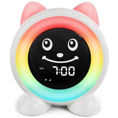 an alarm clock with a cat face on it's face and the time displayed