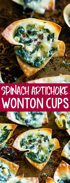 spinach artichoke wonton cups on a baking sheet with text overlay