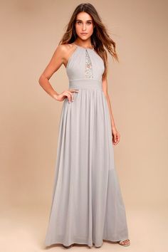 Cherish the Night Grey Maxi Dress 1 Full Maxi Skirt, Affordable Bridesmaid Dresses, Grey Lace, Grey Maxi Dress, Formal Dresses Gowns, Long Maxi Skirts, Maxi Dress Online, Lace Maxi, Lulu Dresses