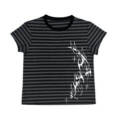 This stylish top features a chic black and gray striped design, perfectly complemented by intricate white tattoo print decorations. Made to stand out, this piece combines edgy aesthetics with contemporary fashion, making it a must-have for your wardrobe.  This price includes one top only.   	 		 			Size 			S 			M 			L 		 		 			Length 			51 			52 			53 		 		 			Bust 			82 			86 			89 		 		 			Shoulders 			37 			38 			39 Fitted Striped Tops For Streetwear, Black Emo Tops For Summer, Black Emo Top For Summer, Trendy Striped Top With Graphic Print, Striped Graphic Print Tops For Streetwear, Trendy Striped Tops For Streetwear, Stylish Top, White Tattoo, Pattern Tattoo