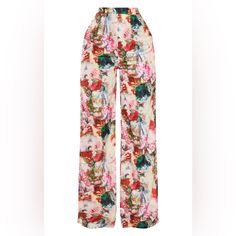 Nwt Pretty Little Thing Floral Wide Leg Pants. Summer Floral Print High-waisted Pants, Summer Floral Print Pink Wide Leg Pants, Pink Floral Print Wide Leg Bottoms, Wide-leg Bottoms For Pajama Party In Spring, Wide Leg Bottoms For Pajama Party In Spring, Pink High-waisted Wide Leg Pants For Vacation, Pink Floral Print Pants For Summer, Pink Floral Print Pants For Day Out, Summer Floral Print Pink Pants