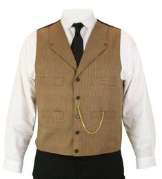 This vest is designed with a flat front, higher notch lapels and four straight welt pockets on the front. Five buttons fasten the front and the back is adjustable. Fashioned from 75% wool and 25% viscose. Part of our matched Frasier Collection. Made in the USA by Wahmaker. Dry clean only. Available in sizes S-2X. Mens Dress Vests, Velvet Vest, Tan Plaid, Period Outfit, Plaid Vest, Mens Vests, Tan Dresses, Living History, Vest Fashion