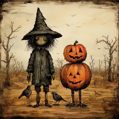 two pumpkins are stacked on top of each other in front of a scarecrow