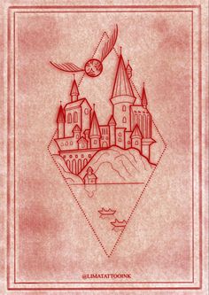 an image of the hog potter's castle in red ink on pink parchment paper