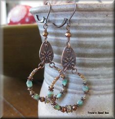 Copper Hoop Earrings with Czech Glass Beads, Crystals Rondelles, and Japanese Seed Beads Bohemian Hoop Earrings With Spacer Beads, Beaded Jewelry Bracelets, Beaded Earrings Diy, Jewelry Making Earrings, Face Forward, Earrings Inspiration, Handmade Wire Jewelry, Beaded Hoops, Diy Earrings