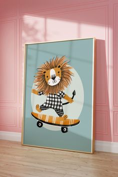 a lion is riding on a skateboard in a room with pink walls and wooden floors