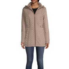 Keep cozy and warm in this coat from Miss Gallery. This midweight jacket is made from a quilted woven fabric and has a removable hood, side zip pockets, long sleeves, and a full zip closure.Features: Hooded, Removable HoodClosure Type: ZipperFit: Classic FitNeckline: Hooded NeckPockets: 2 Front Zip PocketsSleeve Length: Long SleeveWarmth Factor: MidweightApparel Length: 31 InchesOuterwear Length: MidFiber Content: 100% PolyesterFabric Description: QuiltedFilling Content: 100% PolyesterLining Mat